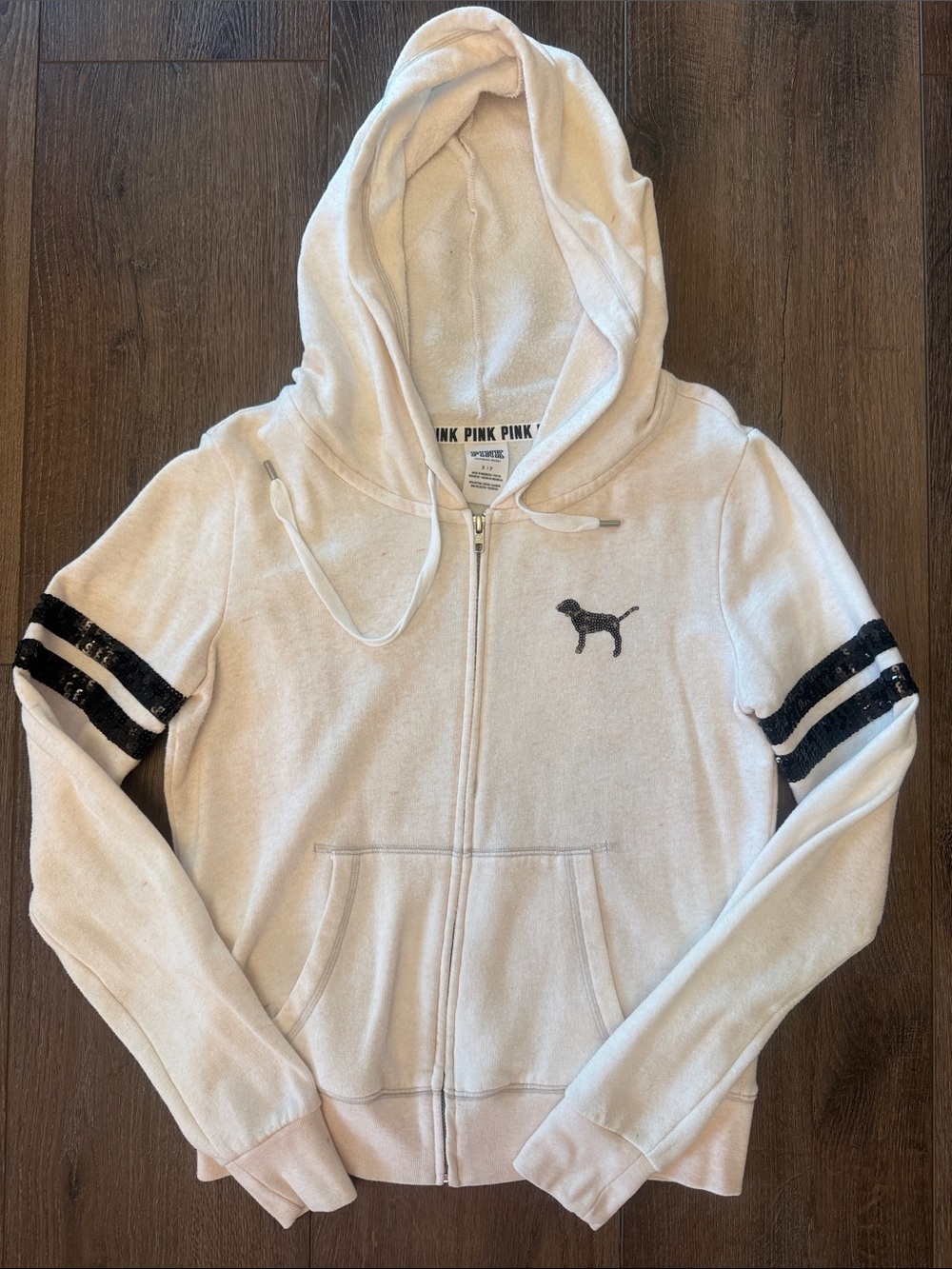 PINK Victoria's Secret Cream Zip-Up Hoodie with Black Sequin Stripes